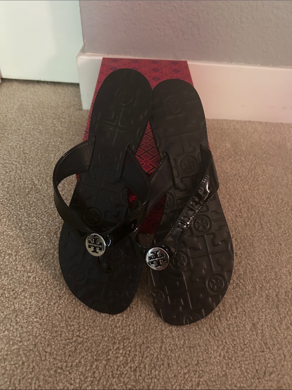 Tory Burch Black Patent Logo Thong Sandals